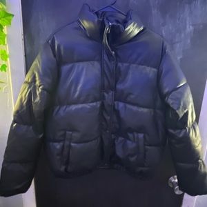 Faux leather cropped puffer jacket